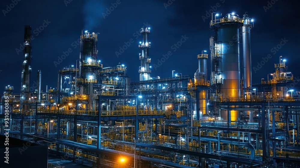 Chemical plant at night, illuminated by lights, highlighting the continuous operation of the industry. Chemical plant at night, illuminated by lights, highlighting the continuous operation of the industry.