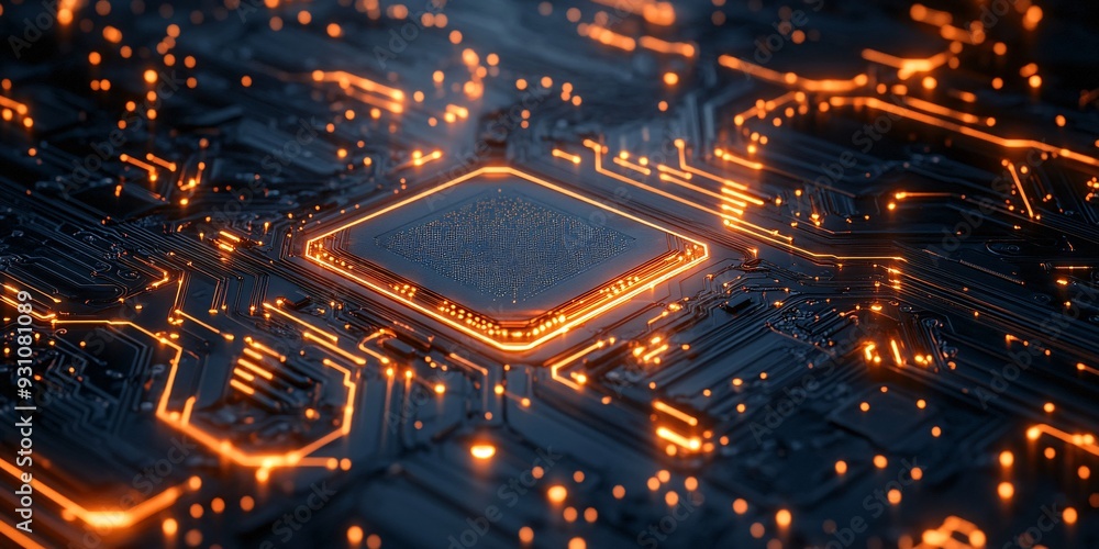 Futuristic Technology Processing Background with Abstract Illuminated Circuit Board Patterns and Copy Space Futuristic Technology Processing Background with Abstract Illuminated Circuit Board Patterns and Copy Space
