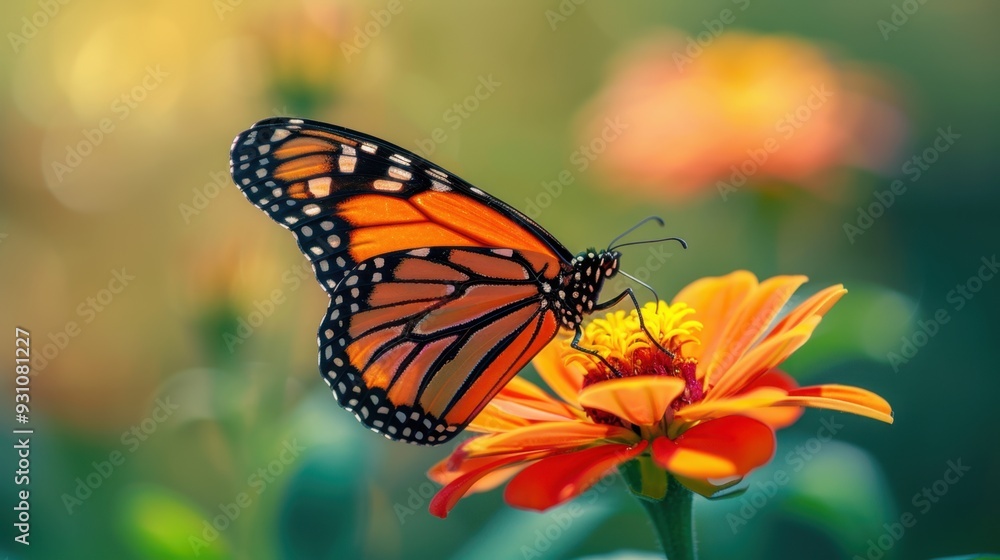 Fototapeta premium A close-up of an orange monarch butterfly feeding on a bright flower