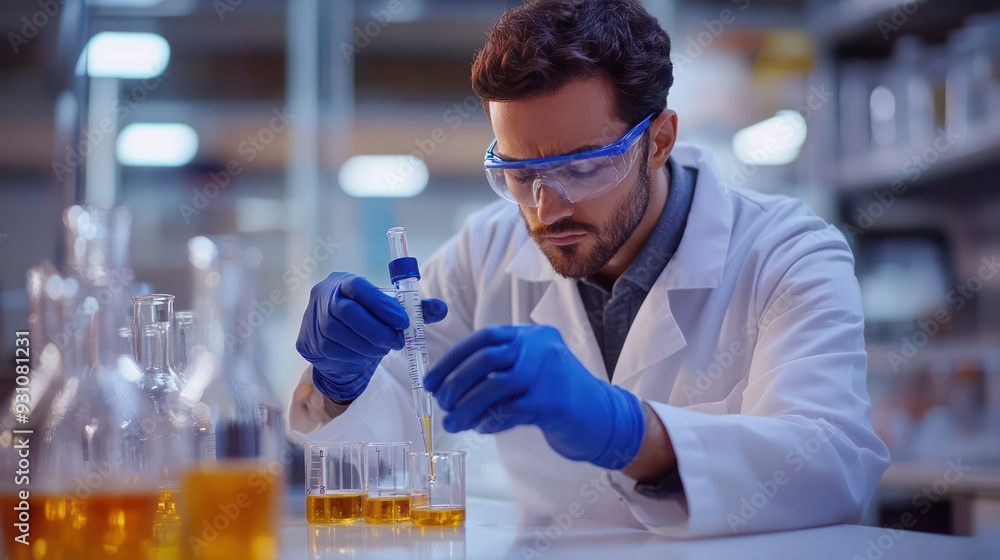 Chemist carefully measuring liquids into a beaker, with precision tools and safety equipment visible. Chemist carefully measuring liquids into a beaker, with precision tools and safety equipment visible.