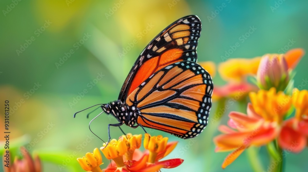 A close-up of an orange monarch butterfly feeding on a bright flower A close-up of an orange monarch butterfly feeding on a bright flower