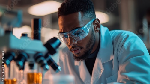 Chemist in a lab coat analyzing a sample under a microscope, highlighting precision in chemical research and development.