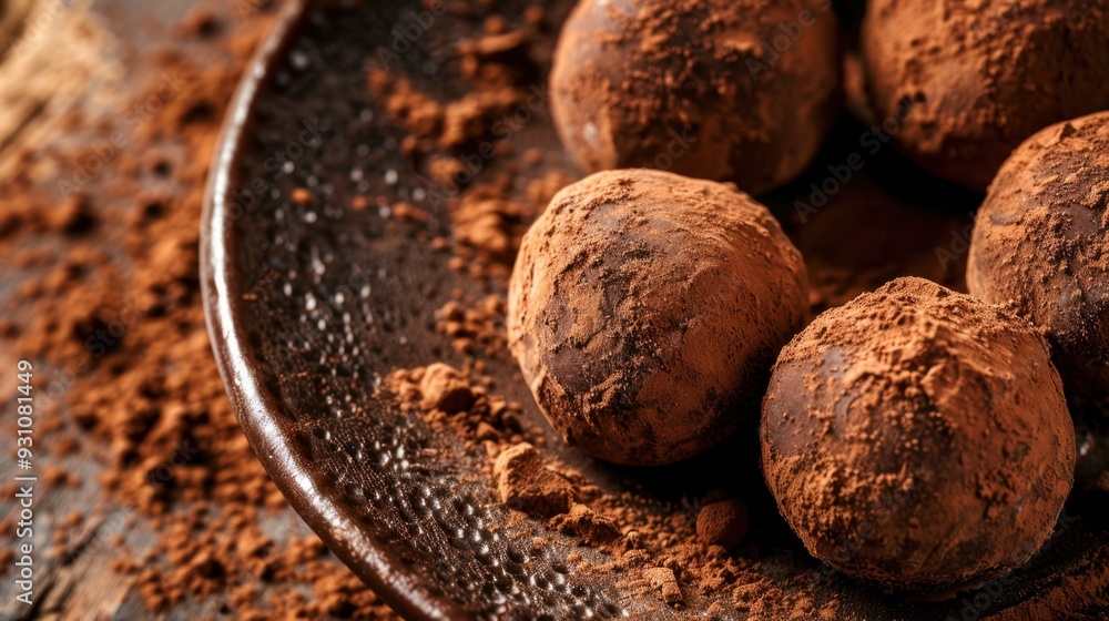 A close-up of brown chocolate truffles dusted with cocoa powder, arranged on a rustic plate A close-up of brown chocolate truffles dusted with cocoa powder, arranged on a rustic plate