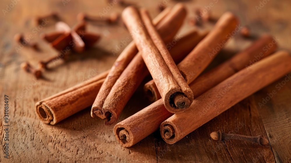 A close-up of brown cinnamon sticks arranged on a wooden table, ready to spice up a dish A close-up of brown cinnamon sticks arranged on a wooden table, ready to spice up a dish