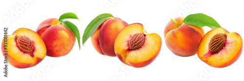 Fresh peaches with slices and leaves isolated on a white background photo