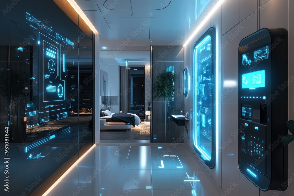 Futuristic Apartment Hallway with Glowing Blue Interfaces Futuristic Apartment Hallway with Glowing Blue Interfaces