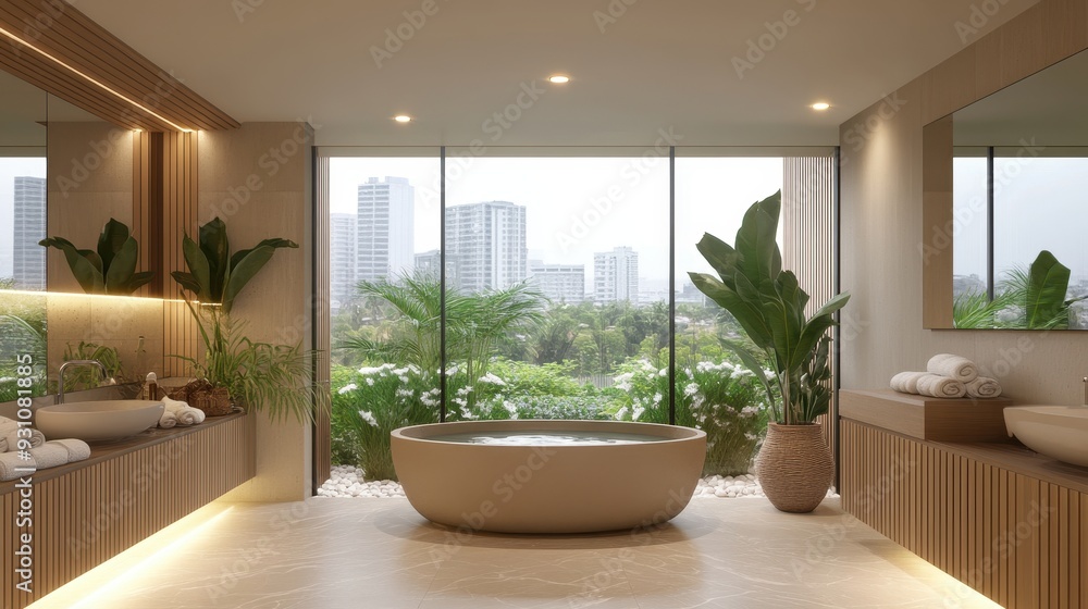 Modern Bathroom Interior Design With Freestanding Bathtub City View And Plants Modern Bathroom Interior Design With Freestanding Bathtub City View And Plants