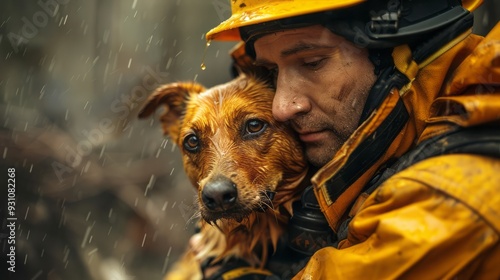 A firefighter holding a distressed dog rescued from a fire. photo