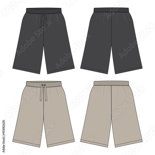 Trouser Shorts Sweatpants technical drawing fashion flat sketch vector illustration black and khaki color  template front and back views. Fleece fabric knee length pant for men's and boys