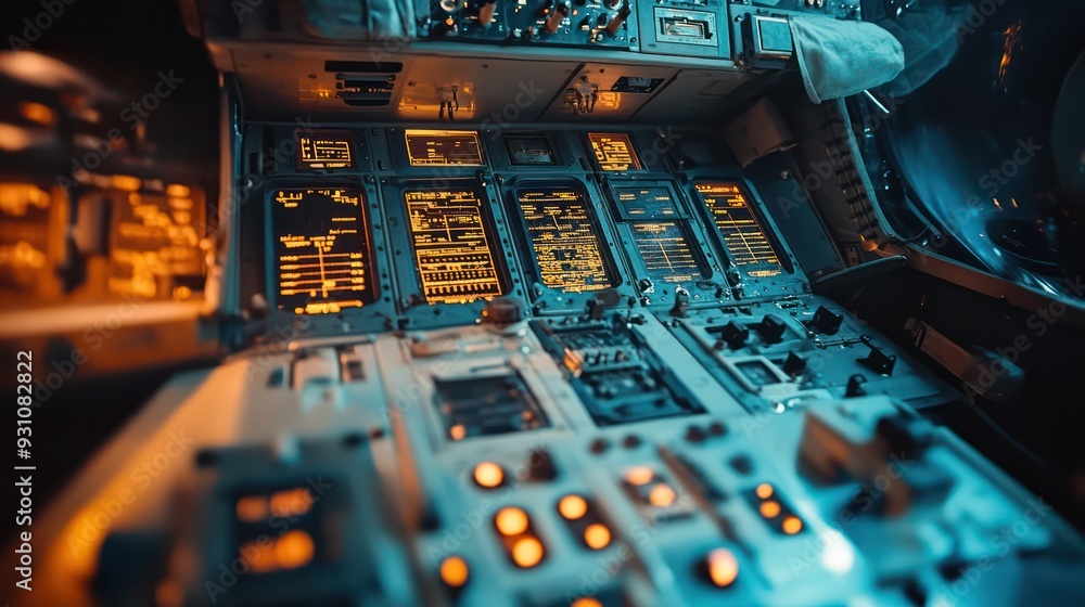 Naklejka premium Close-up of control panels inside a spacecraft, emphasizing the complexity and precision of aerospace engineering.