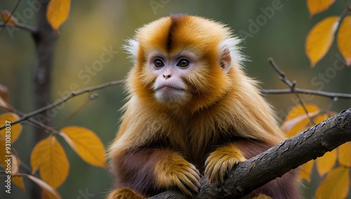 A cute, small squirrel monkey with a red face peeking from a branch in a tropical jungle photo