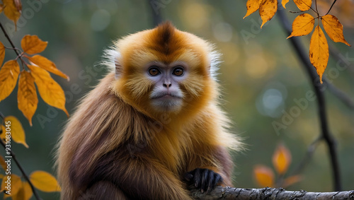 Close-up portrait of a small macaque with golden fur sitting in the jungle photo