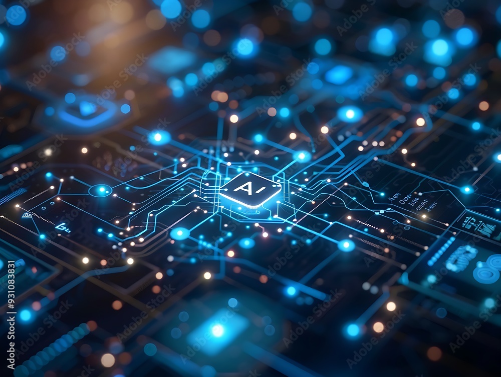 A computer chip with the letters AI on it. The chip is surrounded by a colorful background. Concept of technology and innovation A computer chip with the letters AI on it. The chip is surrounded by a colorful background. Concept of technology and innovation