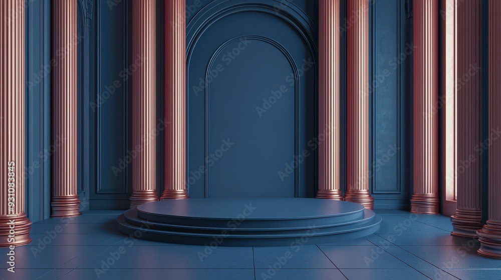 Blue and Copper Columns with Round Platform Minimalist D Render Blue and Copper Columns with Round Platform Minimalist D Render
