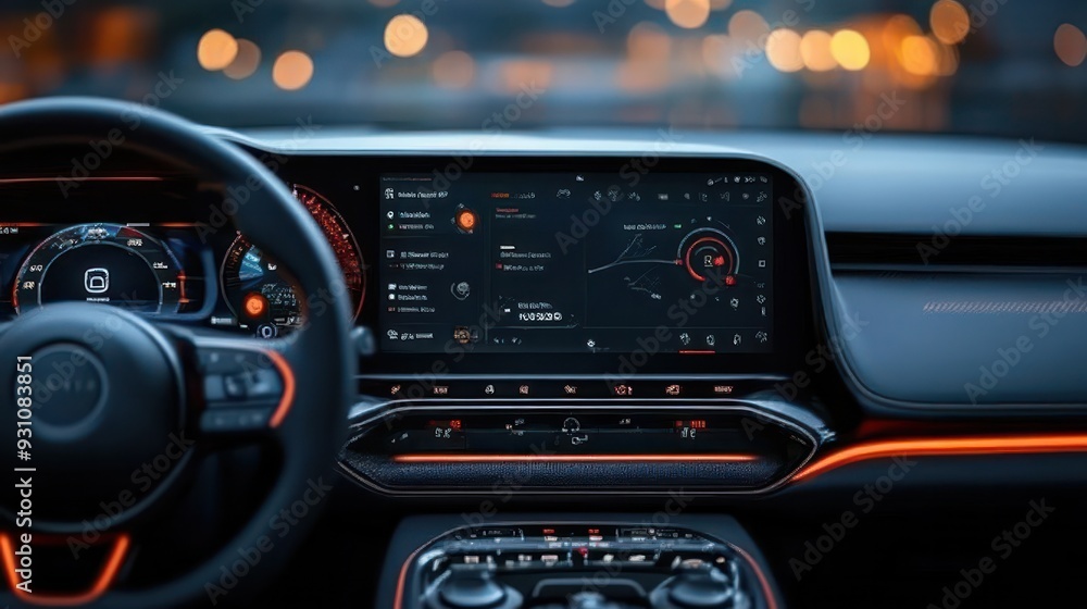 Digital dashboard of a modern car, highlighting connectivity and real-time information. Digital dashboard of a modern car, highlighting connectivity and real-time information.