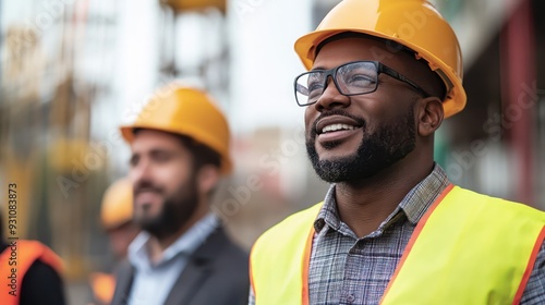 Diverse team of engineers and foremen discussing a project at a construction site, emphasizing collaboration and diversity.