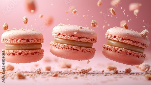 Delicate macarons tumbling in the air isolated on   129 cake, food, dessert, sweet, macaroon, macaron, french, pink, snack, isolated, biscuit, delicious, macaroons, cookie, colorful, birthday, chocola photo