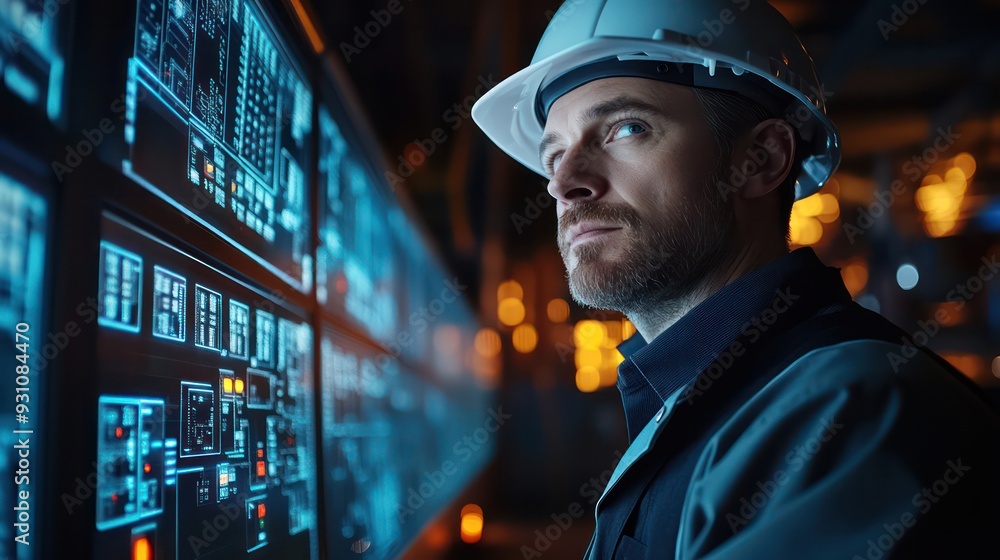 A Engineer in a hard hat inspecting a power plant control room, emphasizing precision and safety in energy production. A Engineer in a hard hat inspecting a power plant control room, emphasizing precision and safety in energy production.