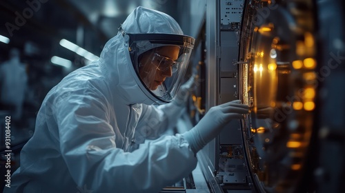 A Engineer in a cleanroom inspecting satellite components, emphasizing precision and advanced technology in aerospace.