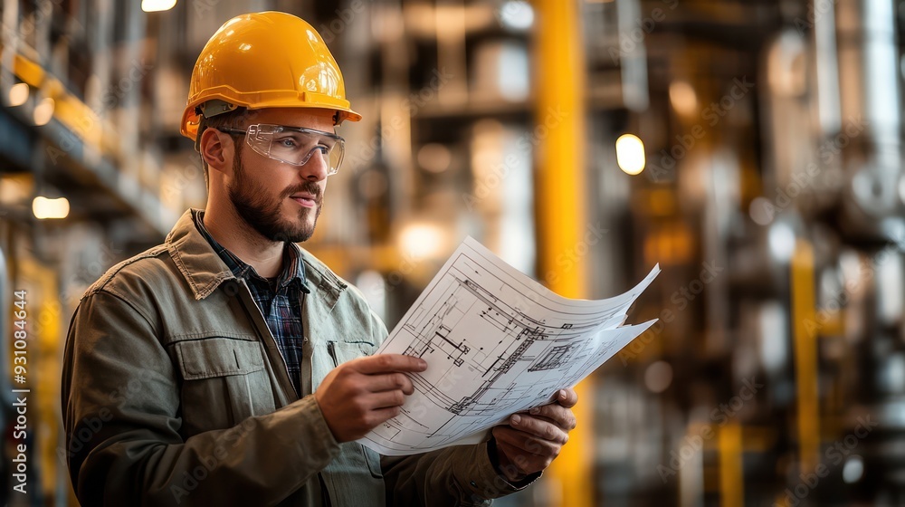 A Engineer reviewing blueprints at an oil refinery, with industrial equipment in the background, highlighting planning and precision. A Engineer reviewing blueprints at an oil refinery, with industrial equipment in the background, highlighting planning and precision.