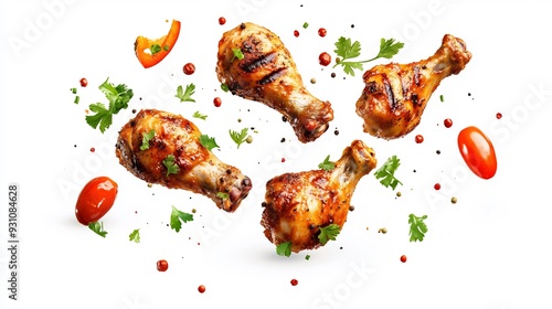 Fototapeta Naklejka Na Ścianę i Meble -  Chicken Drumsticks with Herbs and Spices in Mid-Air