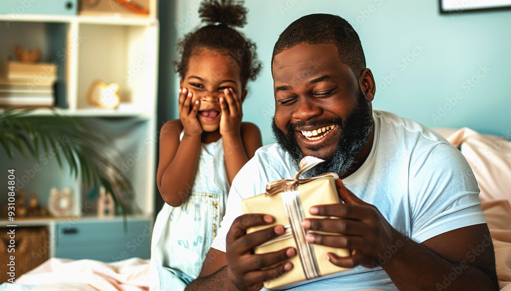 Obraz premium Father and daughter opening a gift together