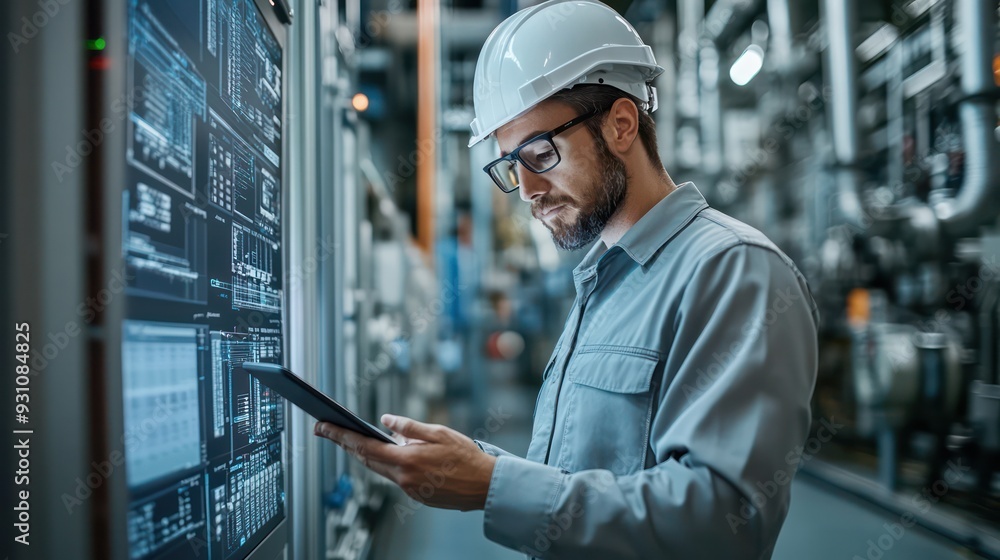 A Engineer using a tablet to monitor wind turbine performance in a control center, emphasizing technology in energy management. A Engineer using a tablet to monitor wind turbine performance in a control center, emphasizing technology in energy management.