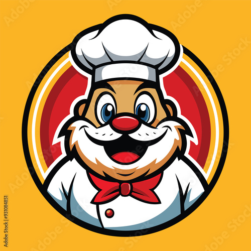 Cartoon chef mascot with a tall hat and knife, perfect for a restaurant logo design, exuding a friendly culinary vibe.