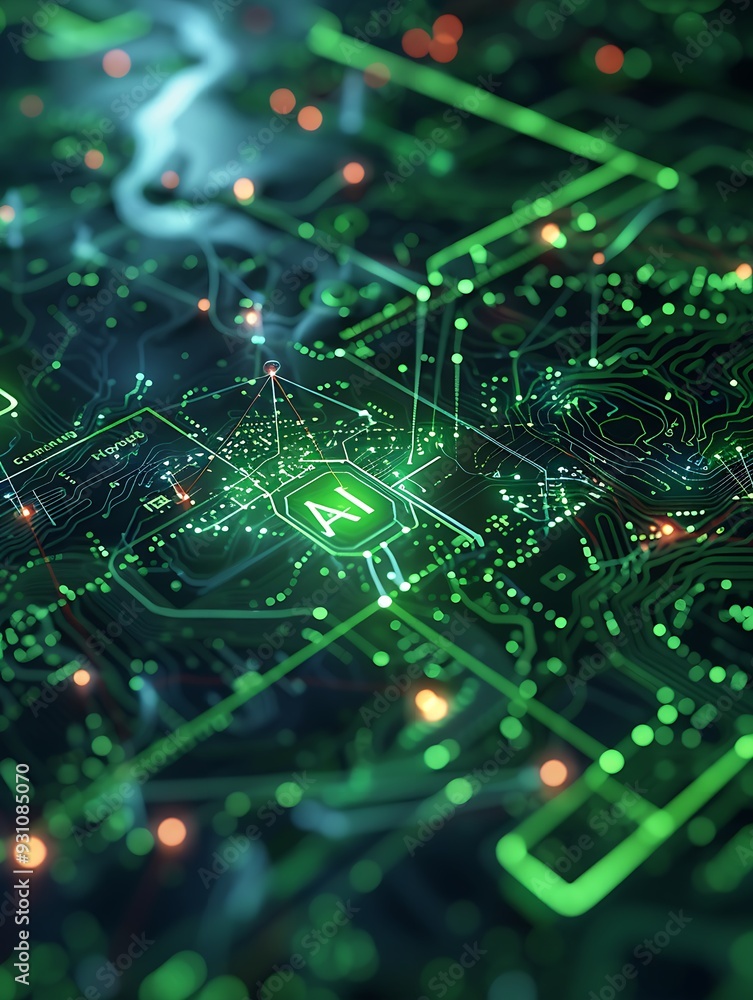 A computer chip with the letters AI on it. The chip is surrounded by a green ecology background. Concept of technology and innovation A computer chip with the letters AI on it. The chip is surrounded by a green ecology background. Concept of technology and innovation