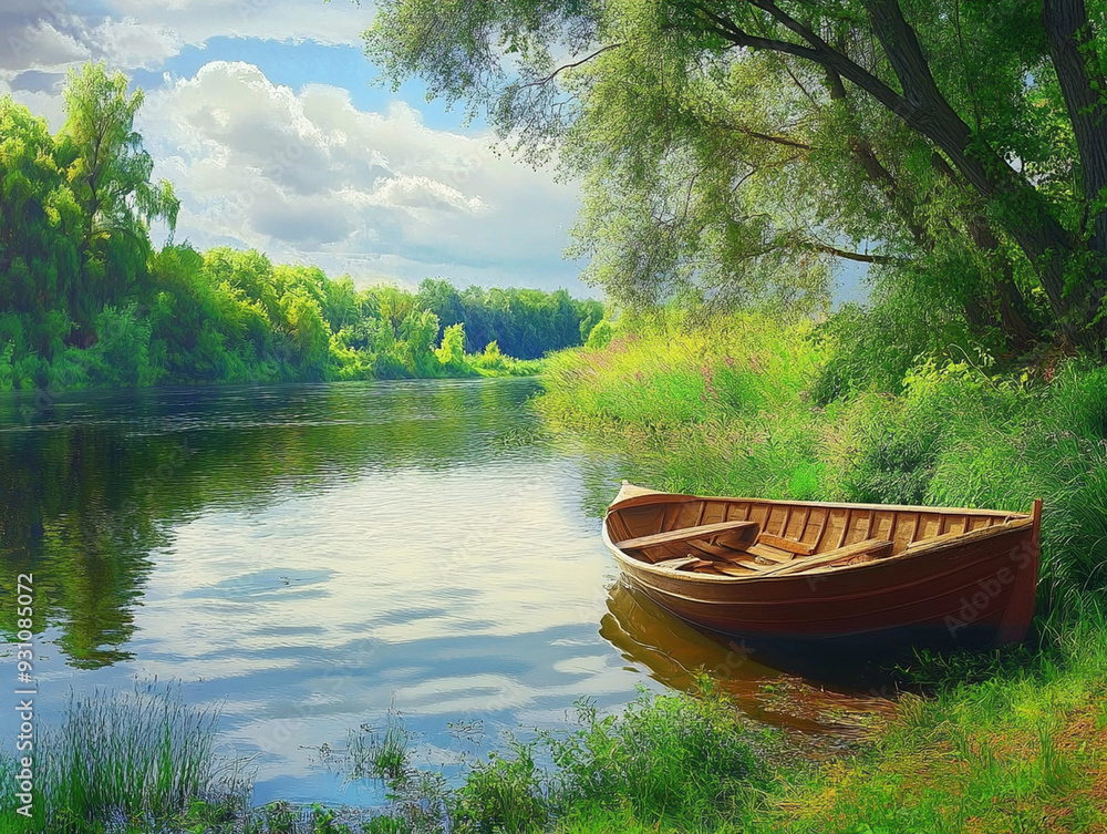 A boat surrounded by lush greenery and reflecting water. A boat surrounded by lush greenery and reflecting water.