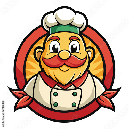Cheerful cartoon chef with a big hat and knife, designed as a fun restaurant mascot logo to attract food lovers.