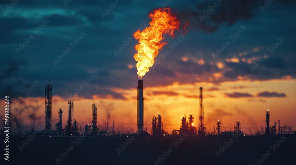 Obraz premium Gas flare burning at an oil field at dusk, with silhouettes of equipment in the background, emphasizing environmental impact.