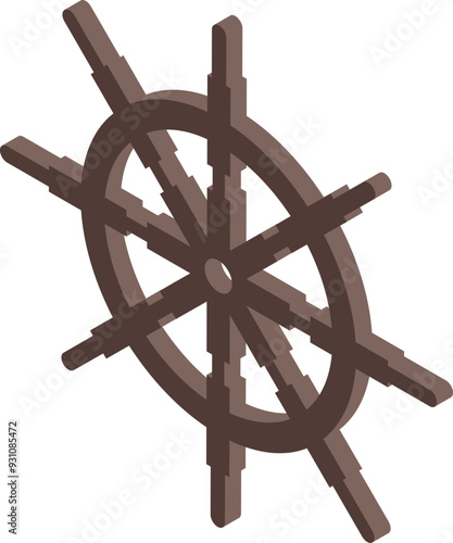 Wooden ship steering wheel standing on a white background is representing maritime navigation and sea adventures