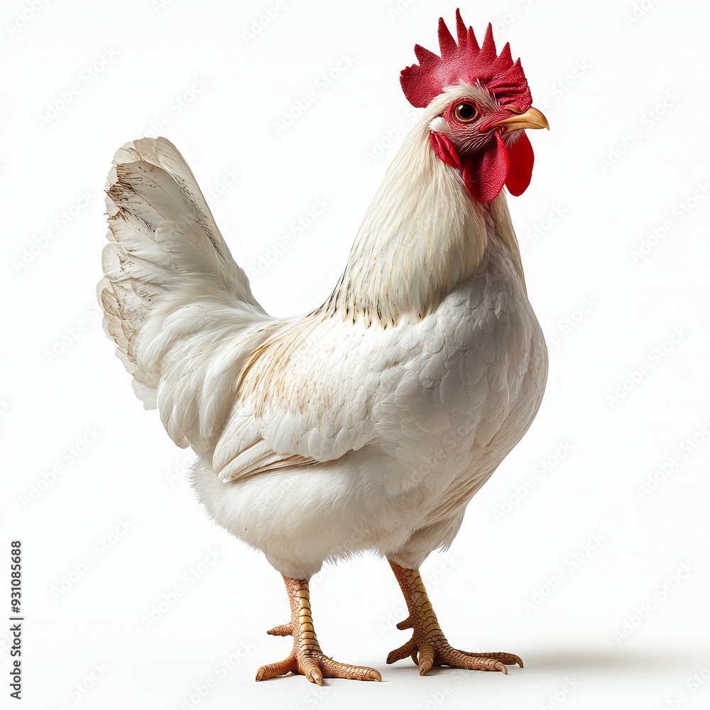 Fototapeta premium Portrait of a chicken full body standing front vie 517 chicken, hen, bird, animal, farm, white, isolated, poultry, rooster, agriculture, fowl, livestock, chick, feather, beak, farming, brown, red, do