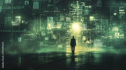 Digital Cyberspace Abstract with Hacker Silhouette: Technology, Coding, Network Security Concept with Copy Space