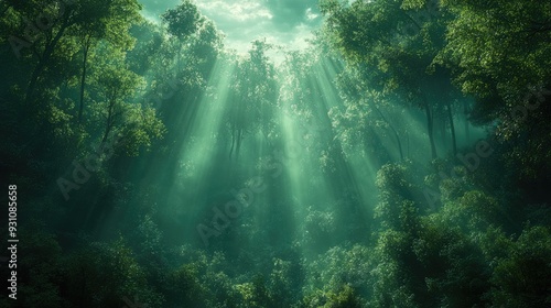 Light beams streaming through mist in a dense forest, creating a mystical, calming atmosphere.