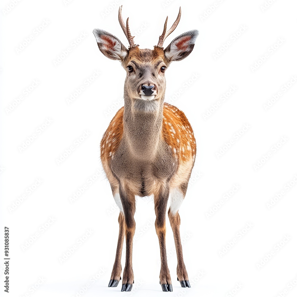 Fototapeta premium Portrait of a deer full body standing front view i 505 deer, animal, wildlife, mammal, nature, wild, brown, antelope, doe, fawn, buck, grass, cute, white, young, ears, park, isolated, portrait, head,