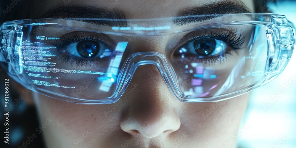 Futuristic AR eyewear with transparent lenses, overlaying holographic information and virtual reality elements into the wearer's field of view Futuristic AR eyewear with transparent lenses, overlaying holographic information and virtual reality elements into the wearer's field of view