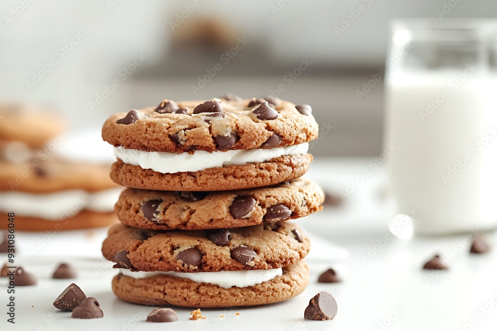 Chocolate chips cookie and milk on white background Chocolate chips cookie and milk on white background