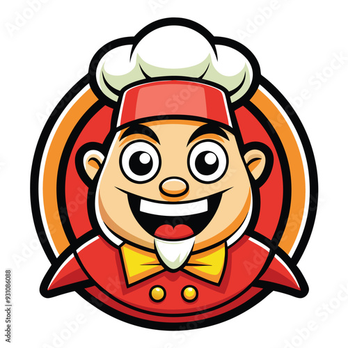 Cheerful cartoon chef with a hat and knife, designed as a restaurant mascot logo to convey culinary expertise.