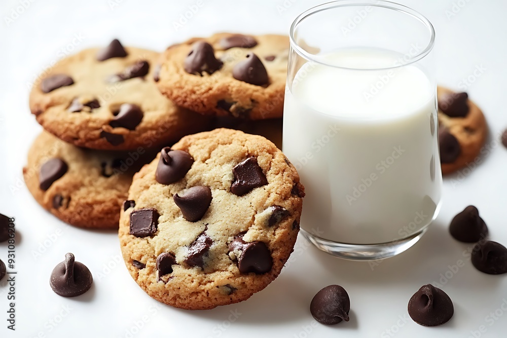 Chocolate chips cookie and milk on white background Chocolate chips cookie and milk on white background