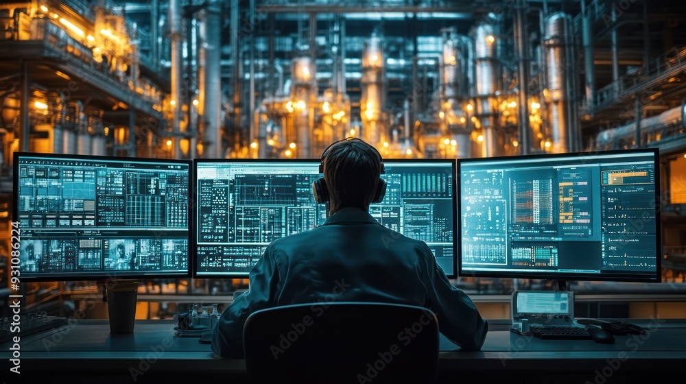 Industrial chemist in a control room, monitoring large-scale chemical processes on multiple screens. Industrial chemist in a control room, monitoring large-scale chemical processes on multiple screens.