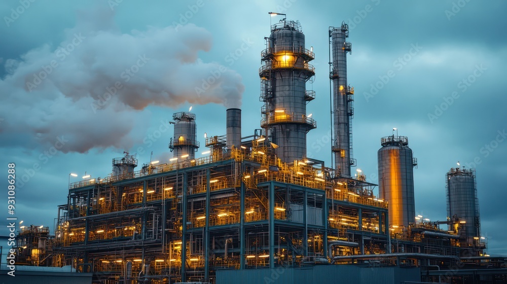 Industrial plant emissions under a cloudy sky, representing the environmental impact of chemical production. Industrial plant emissions under a cloudy sky, representing the environmental impact of chemical production.