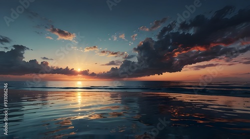 Beautiful abstract picture of a serene, picturesque ocean with the sky at dawn reflected in the waves. natural and at dusk. 3D illustration in digital art.