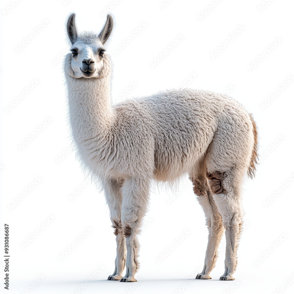Obraz premium Portrait of a llama full body standing front view 446 llama, animal, alpaca, lama, mammal, nature, fur, farm, wool, wildlife, wild, animals, zoo, brown, head, baby, portrait, white, guanaco, peru, h