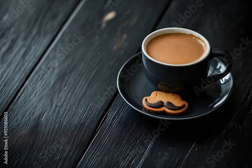 Cup of coffee with mustache and cookies on the burlap background. November concept. Prostate Cancer and men's health awareness. Funny party face