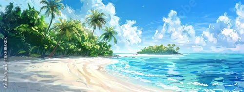 Sandy tropical beach, sunny day, island backdrop.