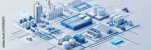 A cyber circuit like a cityscape with a buildings and streets. The buildings are all connected by a network of wires and cables. White colors.