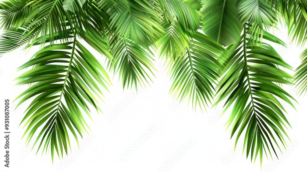 Fototapeta premium Coconut palm tree leaves on white, tropical summer theme.