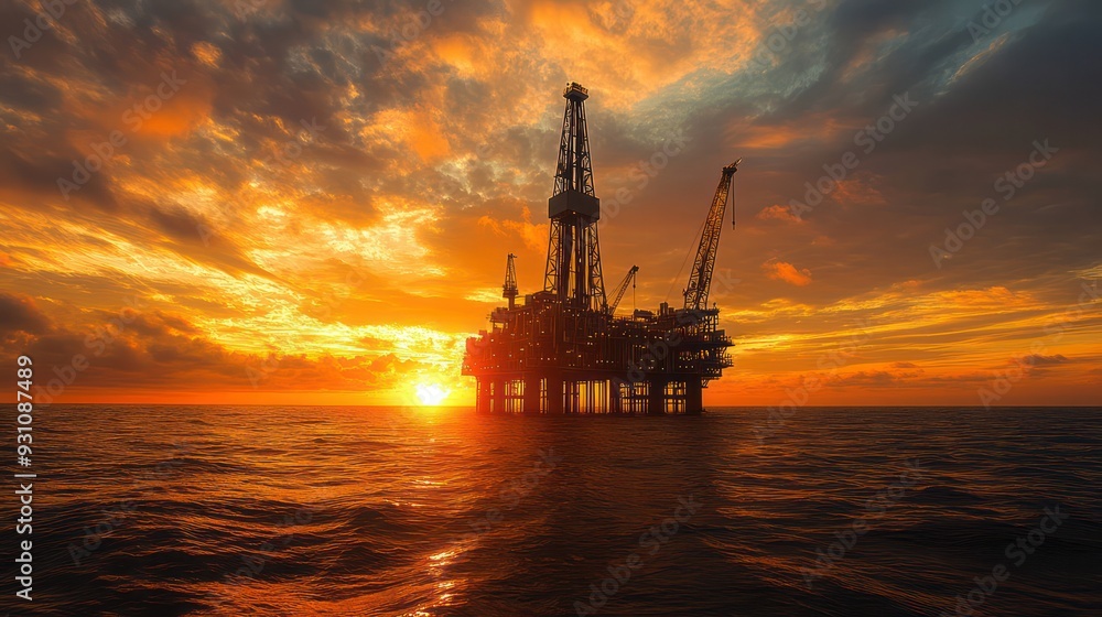 A large oil rig is floating in the ocean at sunset A large oil rig is floating in the ocean at sunset